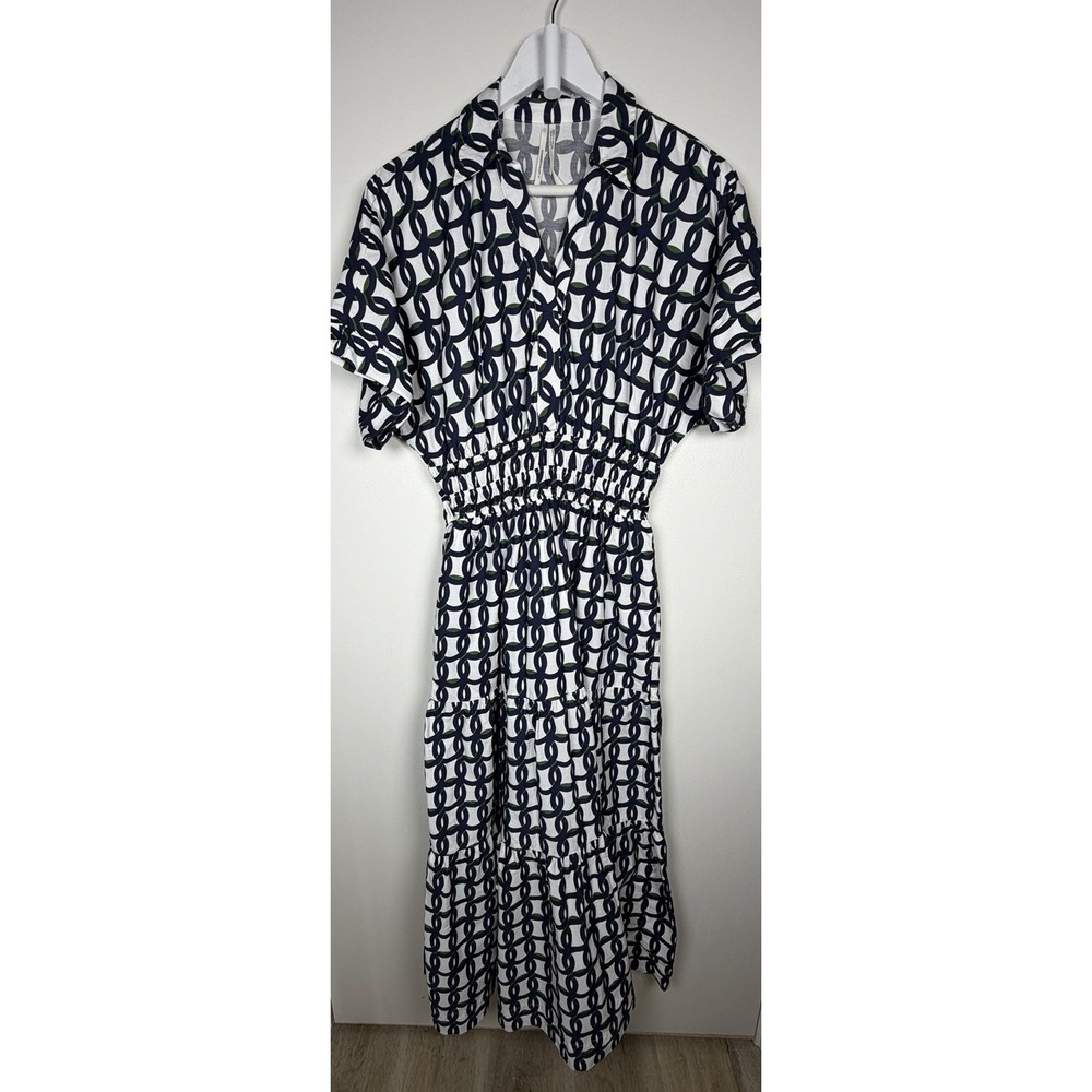 Anthropologie The Somerset Maxi Dress Shirt Navy & White Geometric Smock Waist S - Picture 3 of 13